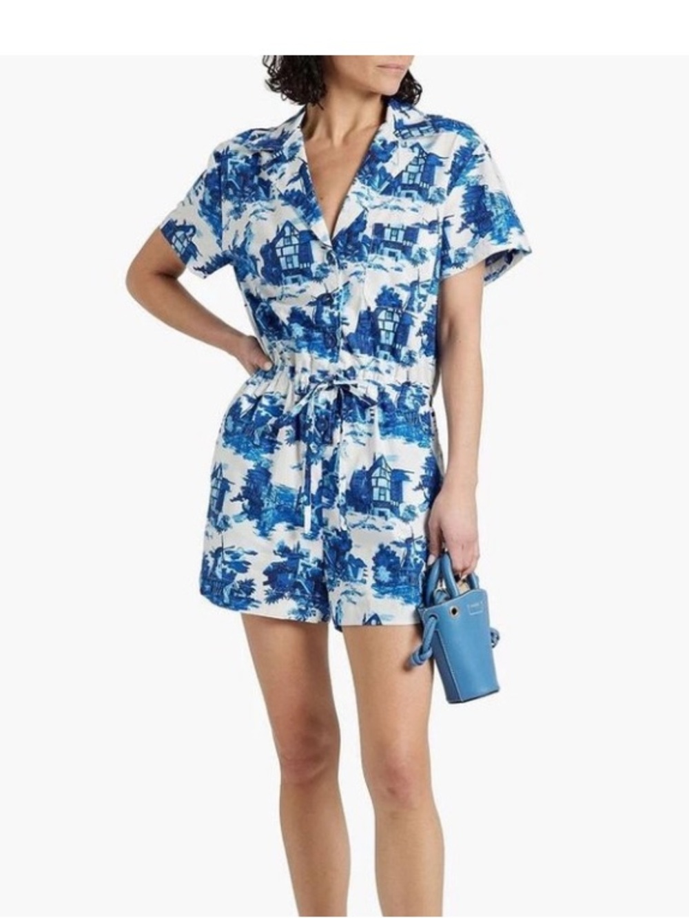 Cara Cara Blue White Toile Cotton Romper, Size S